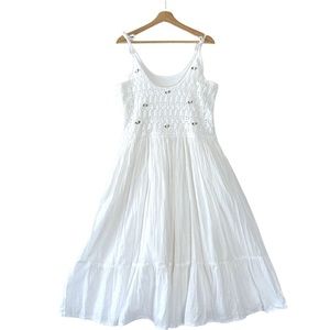 90s White Cotton Lace Rosette Spaghetti Strap Coastal Cowgirl  Midi Dress